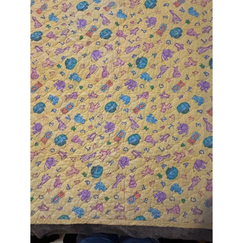 1990s  Baby Quilt Alphabet Animal Noahs Ark Nursery Blanket Yellow Pastel 34x41